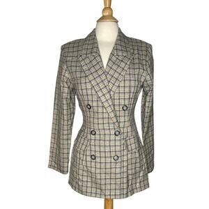 Wrapper Vintage Plaid Fitted Blazer Double Breasted Buttons Neutral Preppy O7